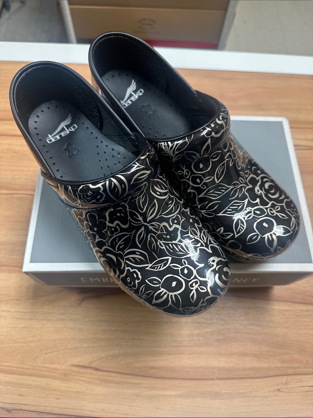 Dansko Professional Metallic Rose Patent Leather Clogs with Gold Floral Accents